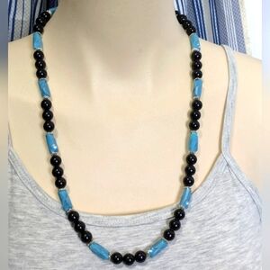 Elegant Black Blue Beaded Necklace Boho Vintage Handmade 25" Office Casual Boho